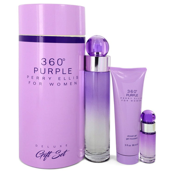 Perry Ellis 360 Purple by Perry Ellis Women Gift Set -- 3.4 oz Eau De Parfum Spray + .25 oz Mini EDP Spray + 3 oz Shower Gel