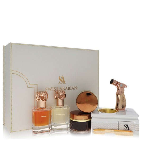Swiss-Arabian-Bakhoor-Dukhoon-Al-Haram-by-Swiss-Arabian-For-Men Gift Set  Gift Set contains 2 x 1.7 oz Eau De Parfum in Wajd & Gharaam + 2 x 60 grams of Incense in Dukhoon Al Haram & Oud Muattar Mumtaz 
