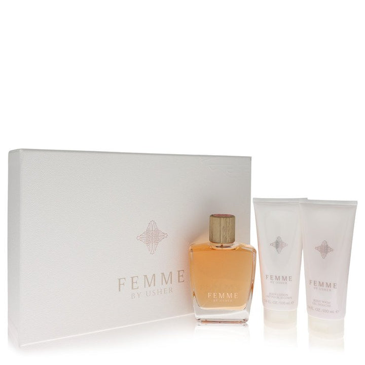 Usher Femme by Usher Women Gift Set -- 3.4 oz Eau De Parfum Spray + 3.4 oz Body Lotion + 3.4 oz Shower Gel