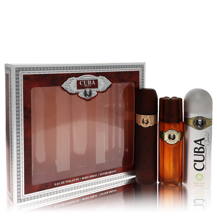 Cuba Gold by Fragluxe For Gift Set -- 3.3 oz Eau De Toilette Spray + 3.3 oz After Shave Spray + 6.7 oz Body Deodorant Spray