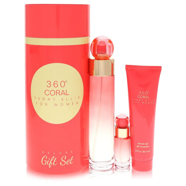 Perry Ellis 360 Coral by Perry Ellis For Gift Set -- 3.4 oz Eau de Parfum Spray + .25 oz Mini EDP Spray + 3 oz Shower Gel